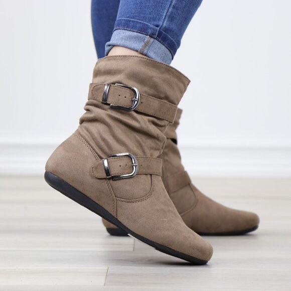 Taupe Faux Leather Slouch Ankle Boots Side Zipper Buckle Strap Flat Sole - Picture 2 of 12